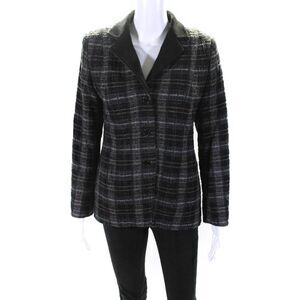 Serge & Real Womens Crepe Lapel Plaid Tweed Blazer Jacket Black Gray Size Small